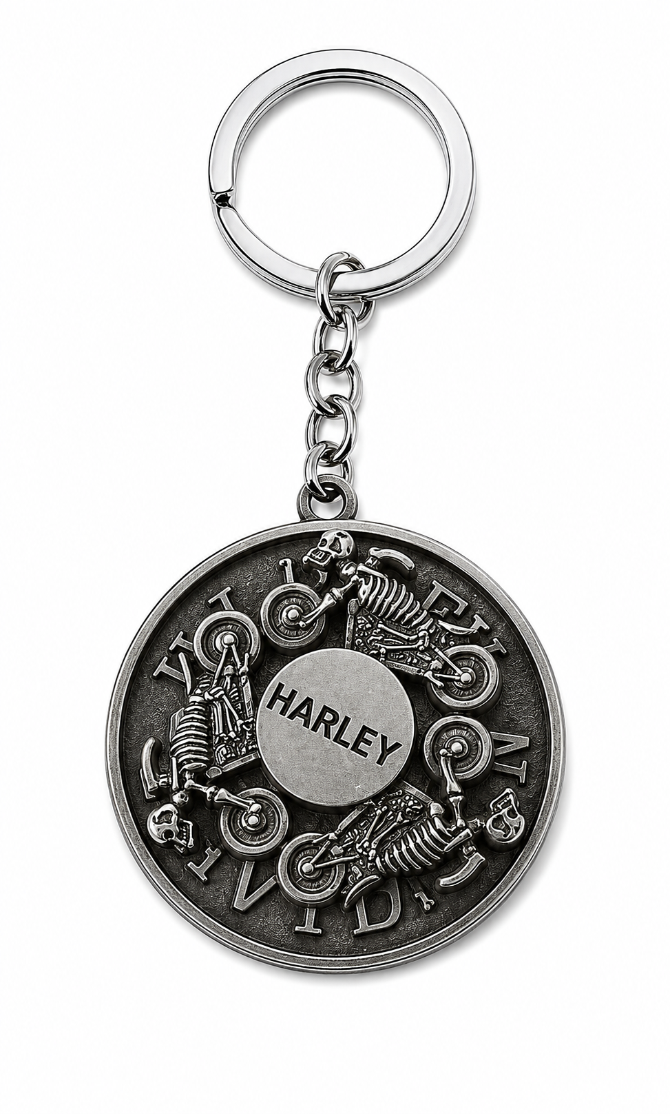 Antique Silver Harley Biker Medallion Keychain