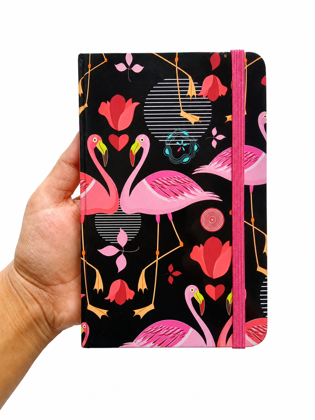Flamingo-patterned notebook with elastic strap