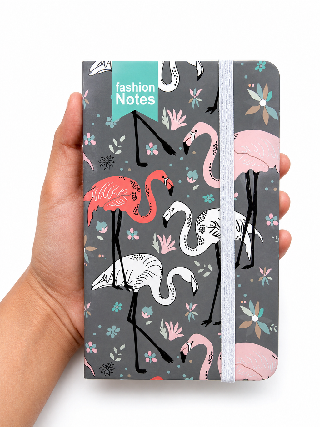 Flamingo-patterned notebook with elastic strap