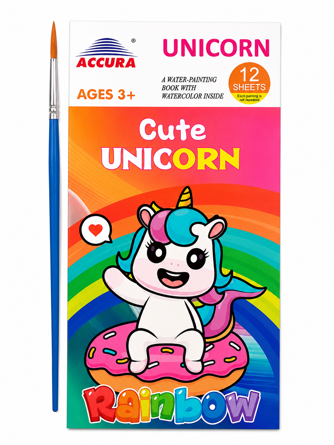 Colorful unicorn water-painting book and brush