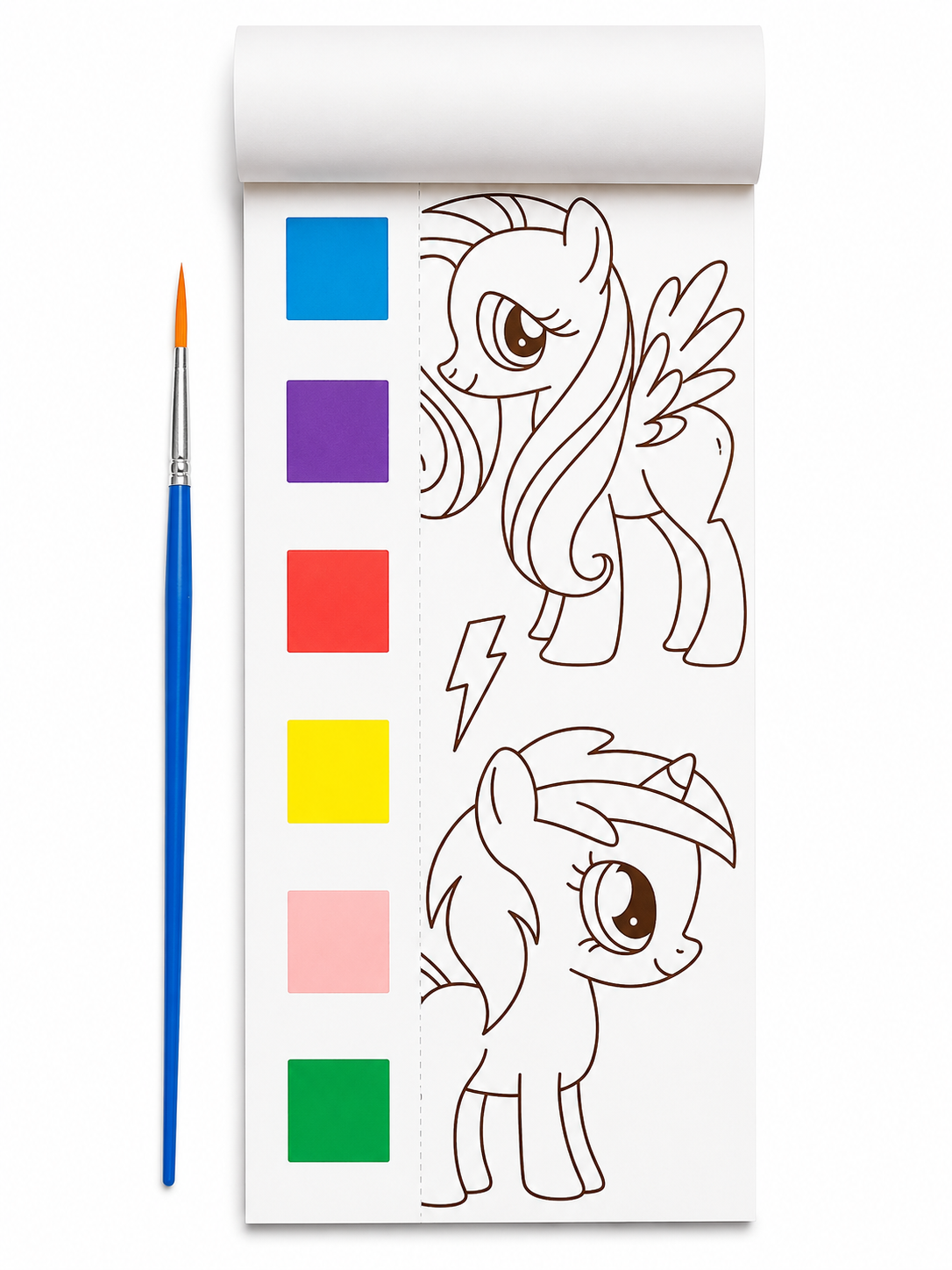 Colorful unicorn water-painting book and brush