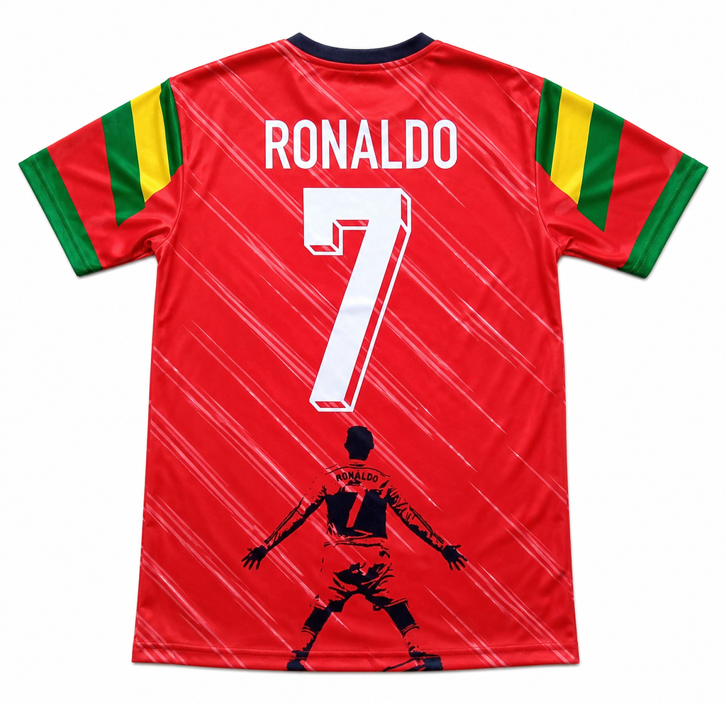Red Ronaldo jersey with stripes