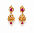 Ornate gold jhumka earrings with rubies - Small