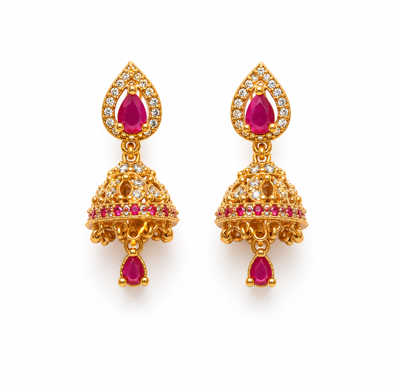 Ornate gold jhumka earrings with rubies - Small