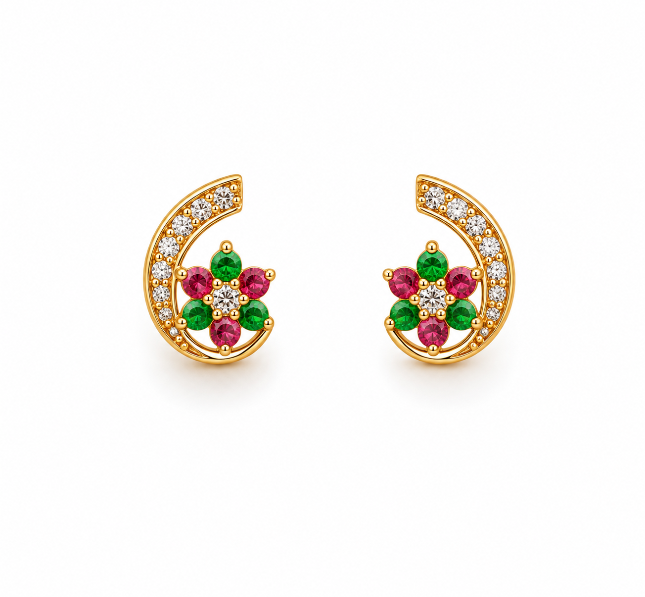 Gold crescent earrings with gem clusters