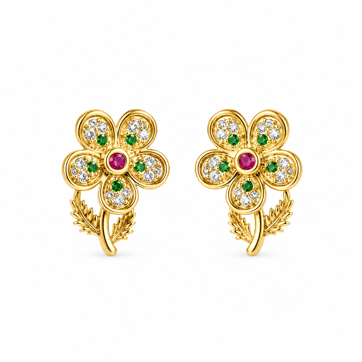 Gold floral stud earrings with gemstones