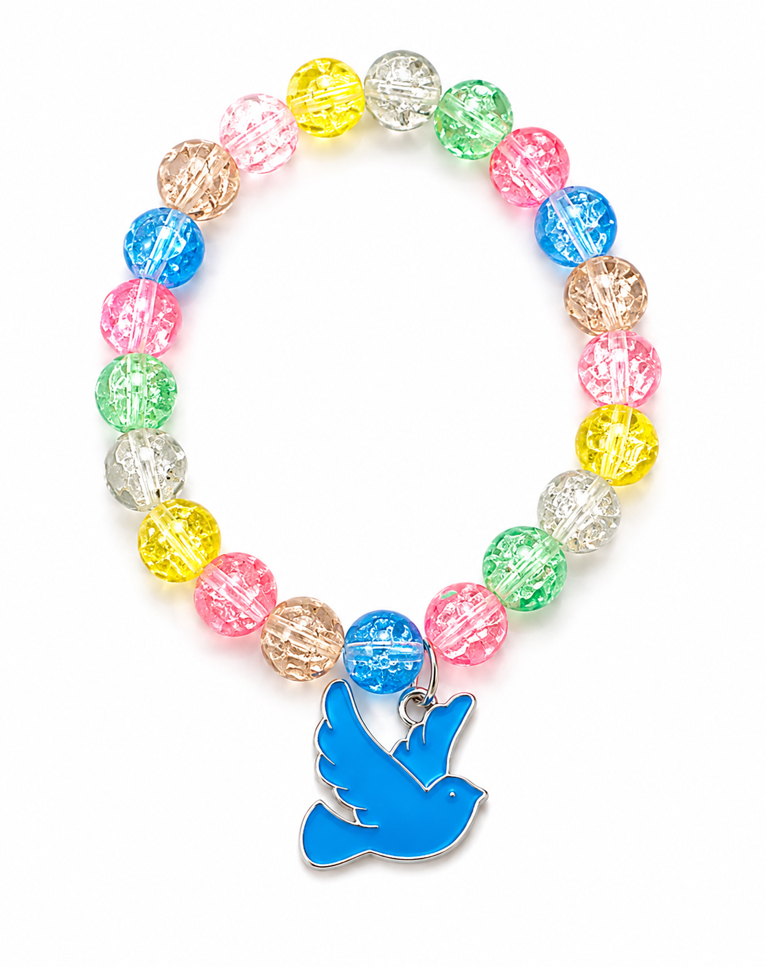 Pastel Crackle Bead Bracelet with Blue Bird Charm