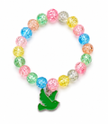 Rainbow Crackle Bead Bracelet with Green Bird Charm